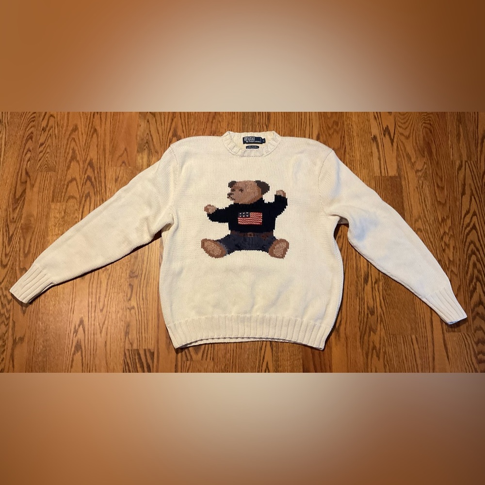 Vintage Polo Ralph Lauren Cream Sweater with Bear Motif Size Large